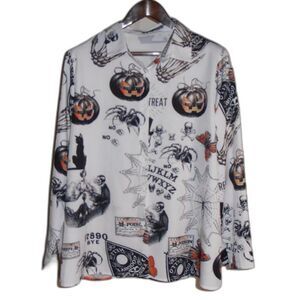 🟢 Halloween Print Long Sleeve Top – Size 1X – No Tag – Bold & Spooky
